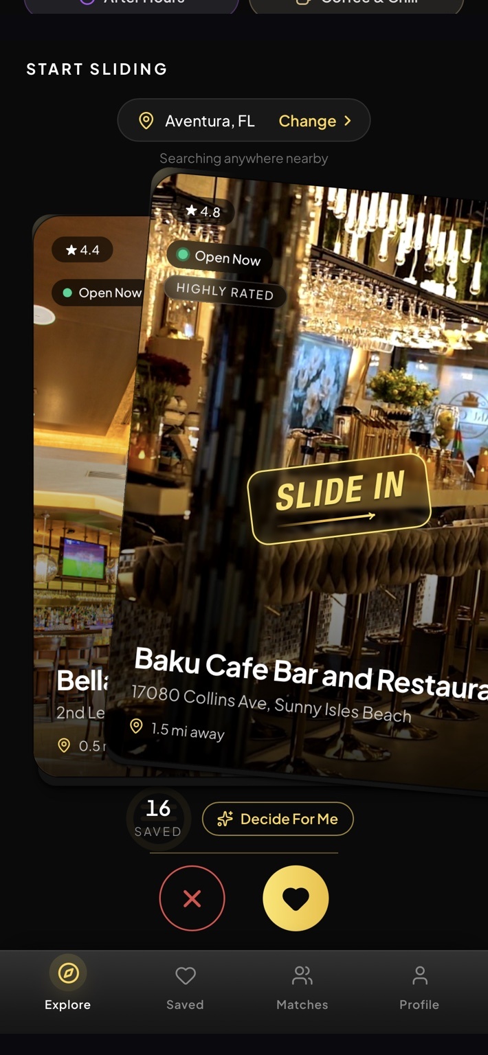 Baku Cafe Bar and Restaurante card mid-swipe with the gold SLIDE IN stamp