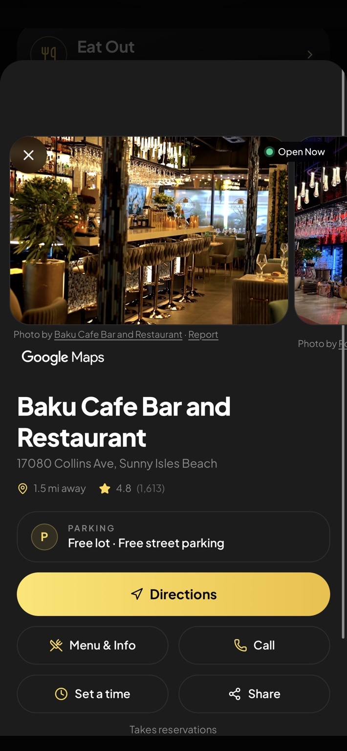 Baku Cafe Bar details showing Open Now, parking, directions, menu, call and visible Google Maps photo attribution