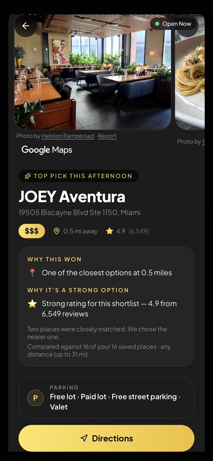 JOEY Aventura result details with WHY THIS WON explaining the decision and Google Maps attribution