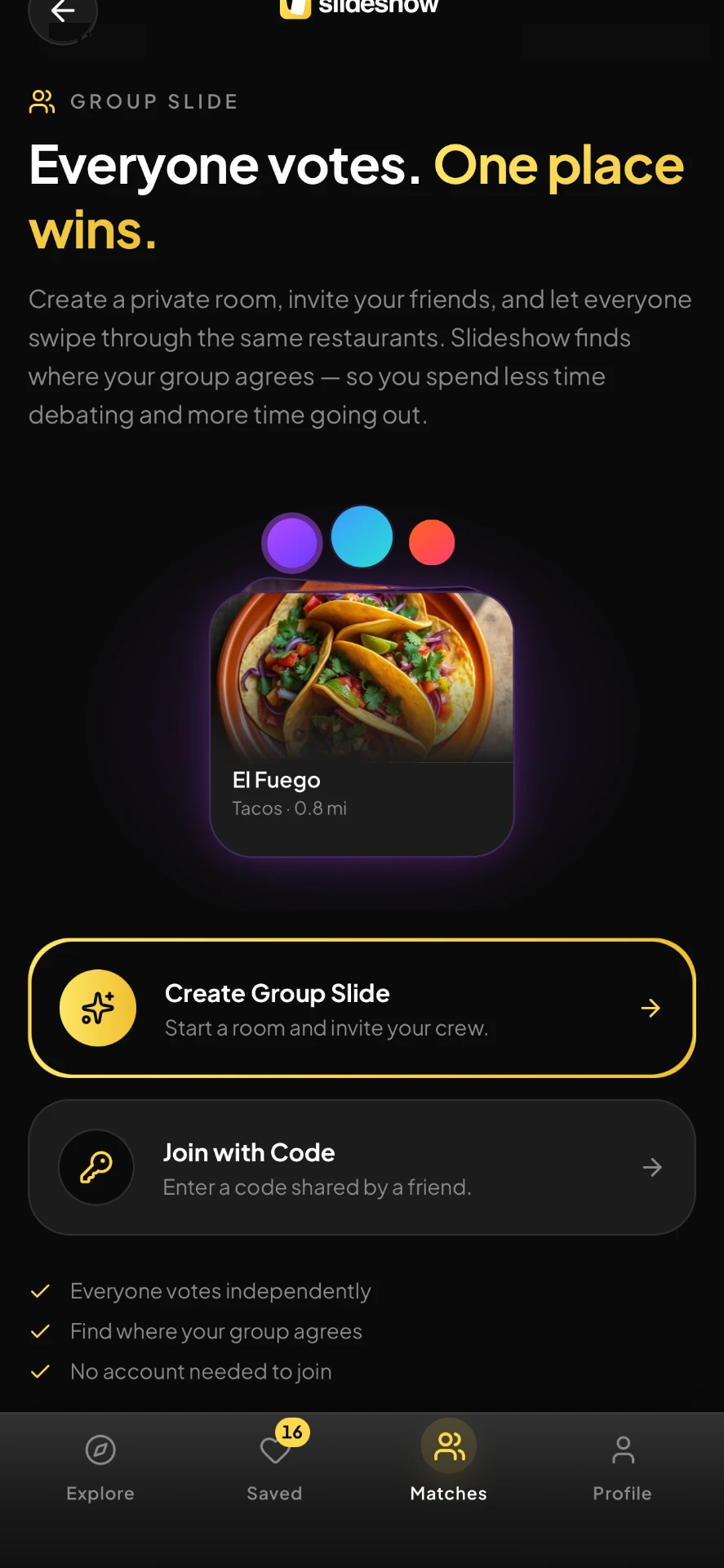 Group Slide introduction: Everyone votes. One place wins. Create Group Slide and Join with Code options